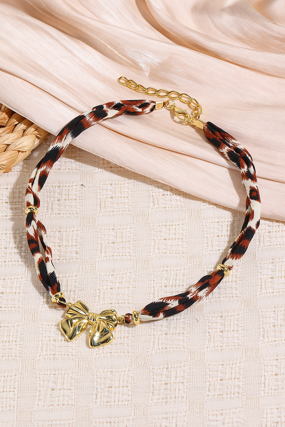 Gold Bowknot Pendant Leopard Scarf Necklace