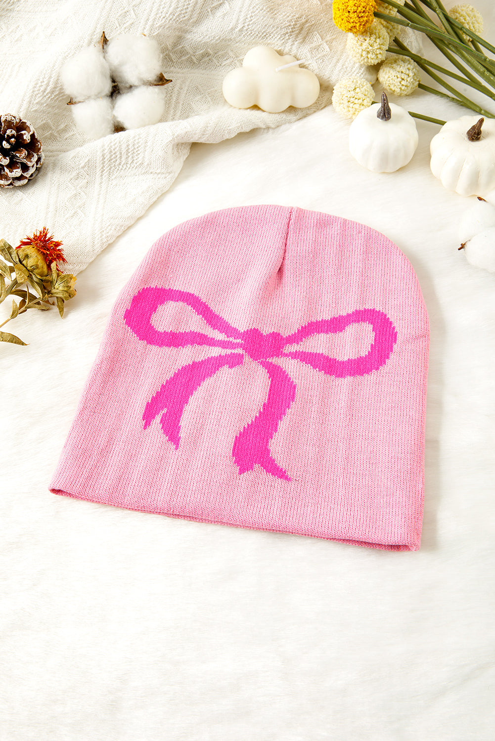 Pink Bow Print Knitted Beanie Hat