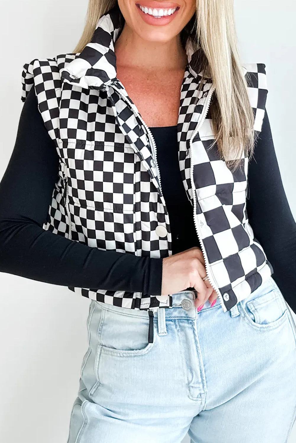 Black Checkered Stand Collar Cropped Puffer Vest