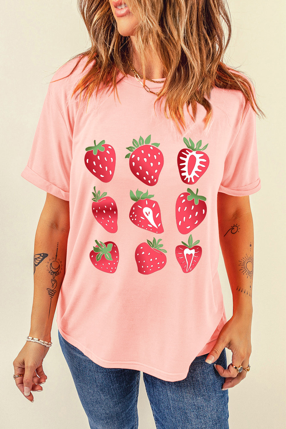 Pink Strawberry Fruit Pattern Heat Transfer Printing Graphic Tee