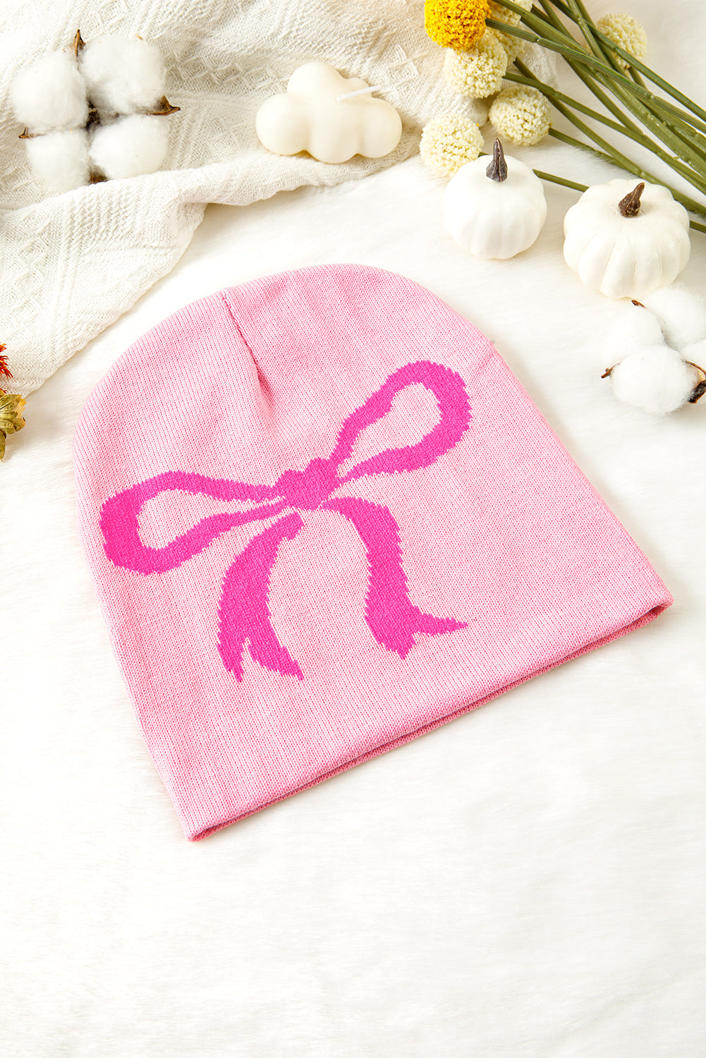 Pink Bow Print Knitted Beanie Hat