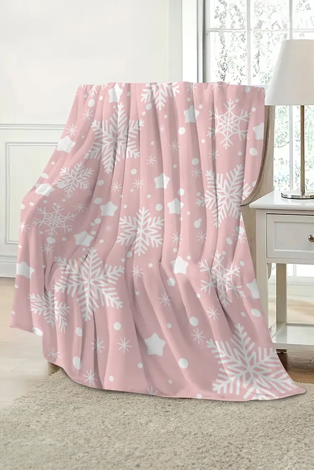 Pink Christmas Snowflake Print Cozy Plush Blanket