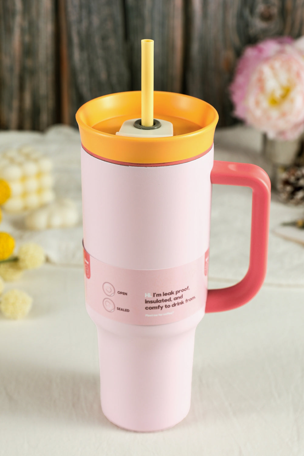 Light Pink Colorblock Handle Lid Stainless Steel Insulation Tumbler with Straw