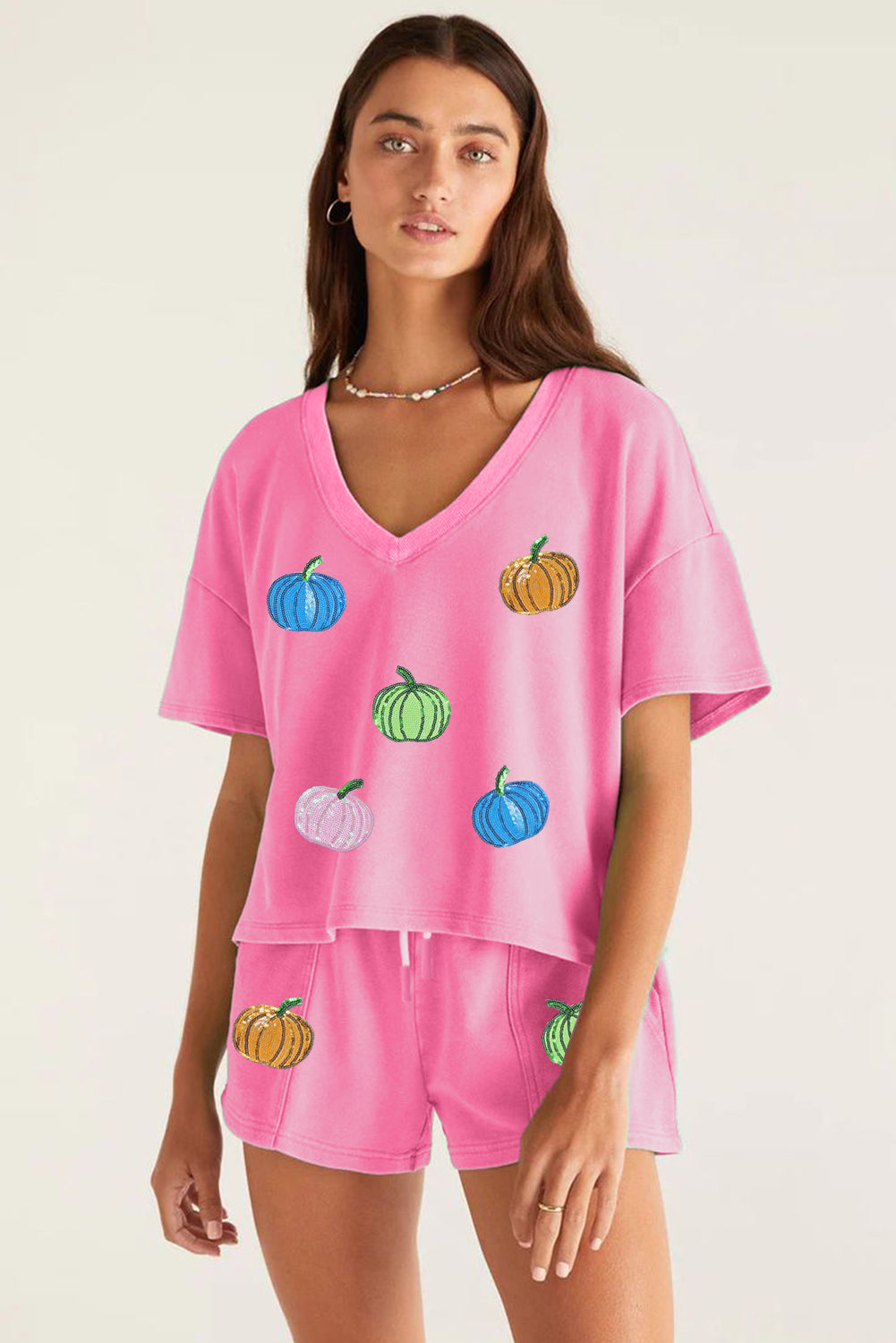 Bonbon Halloween Pumpkin Pattern Sequins Patch V Neck Tee and Drawstring Shorts Set