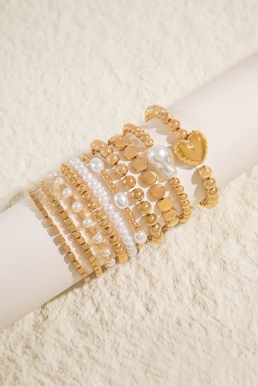 Gold Minimalist Style Heart & Pearl Beaded Bracelet Set