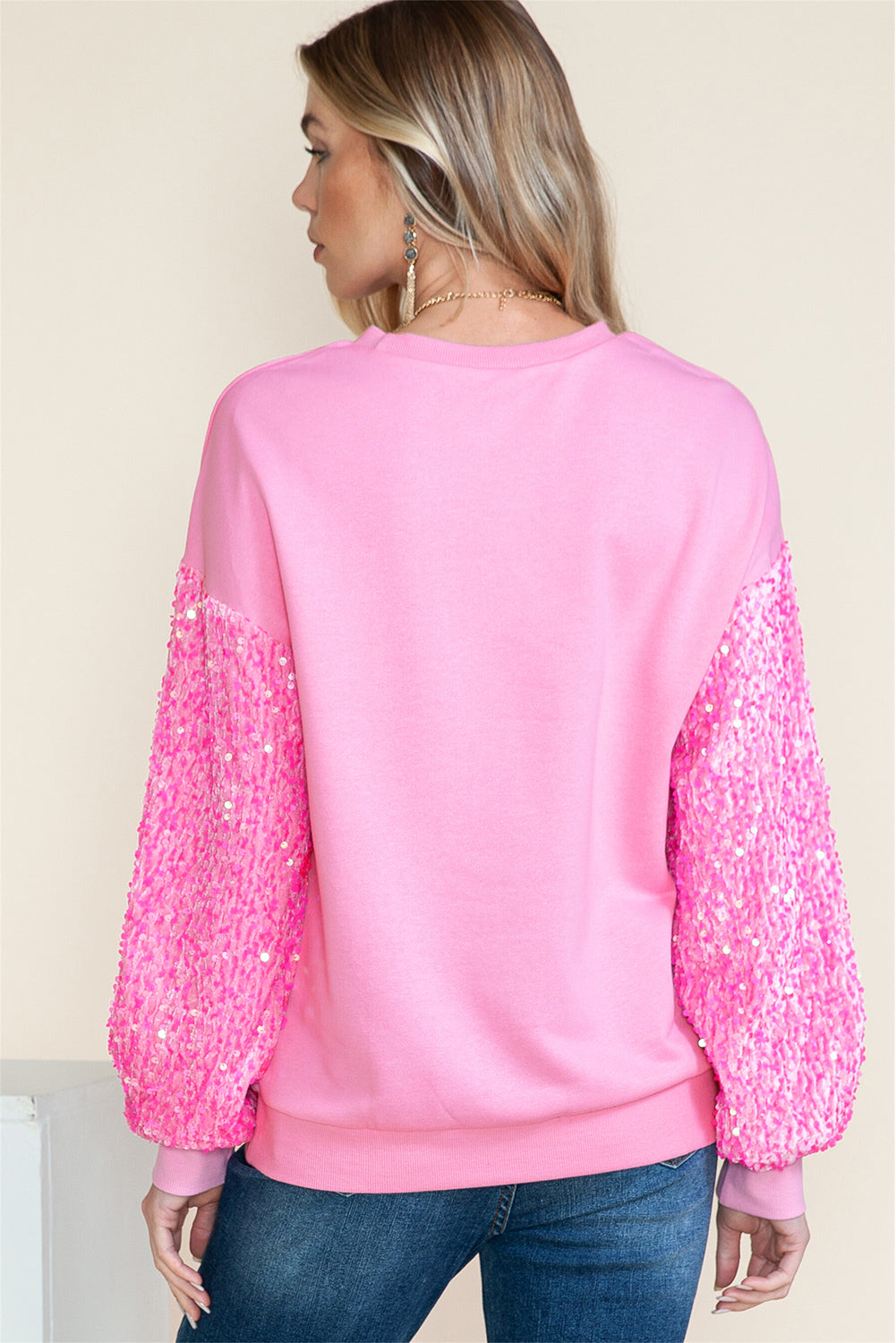 Pink Thanksgiving Halloween Pumpkin Pattern Sequin Sleeve Patchwork Pullover Top