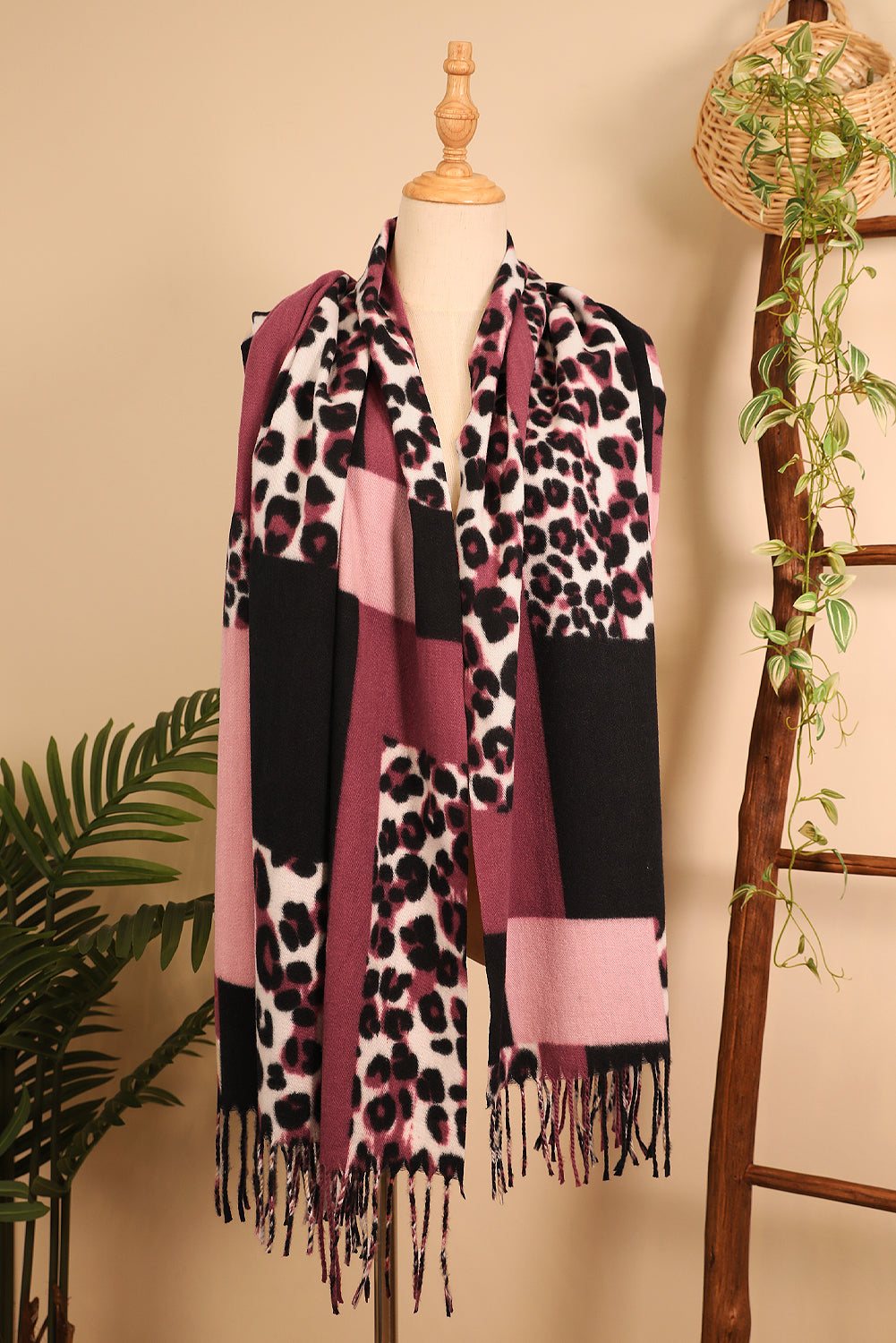 Rose Red Leopard Color Block Print Tassel Trim Terylene Scarf