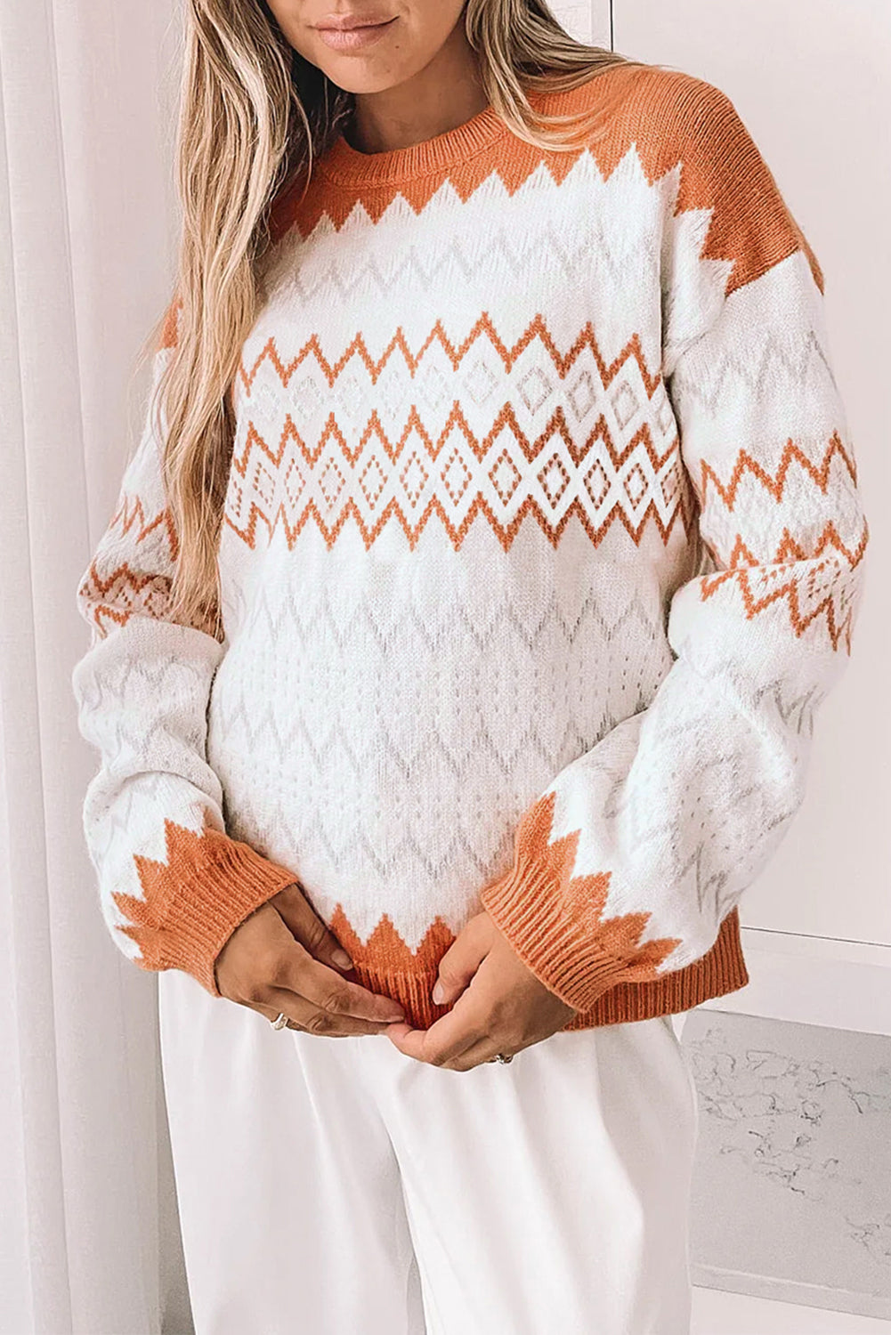 Khaki Zigzag Geometric Pattern Knitted Pullover Sweater