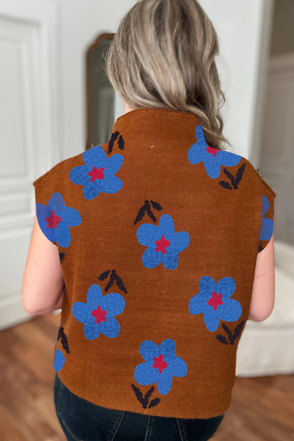 Chestnut Vintage Floral Pattern High Neck Sweater Vest