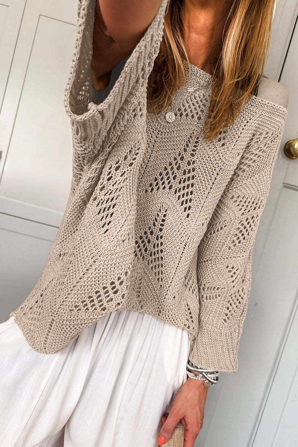 Parchment Hollow Out Knit 3/4 Sleeve Casual Sweater
