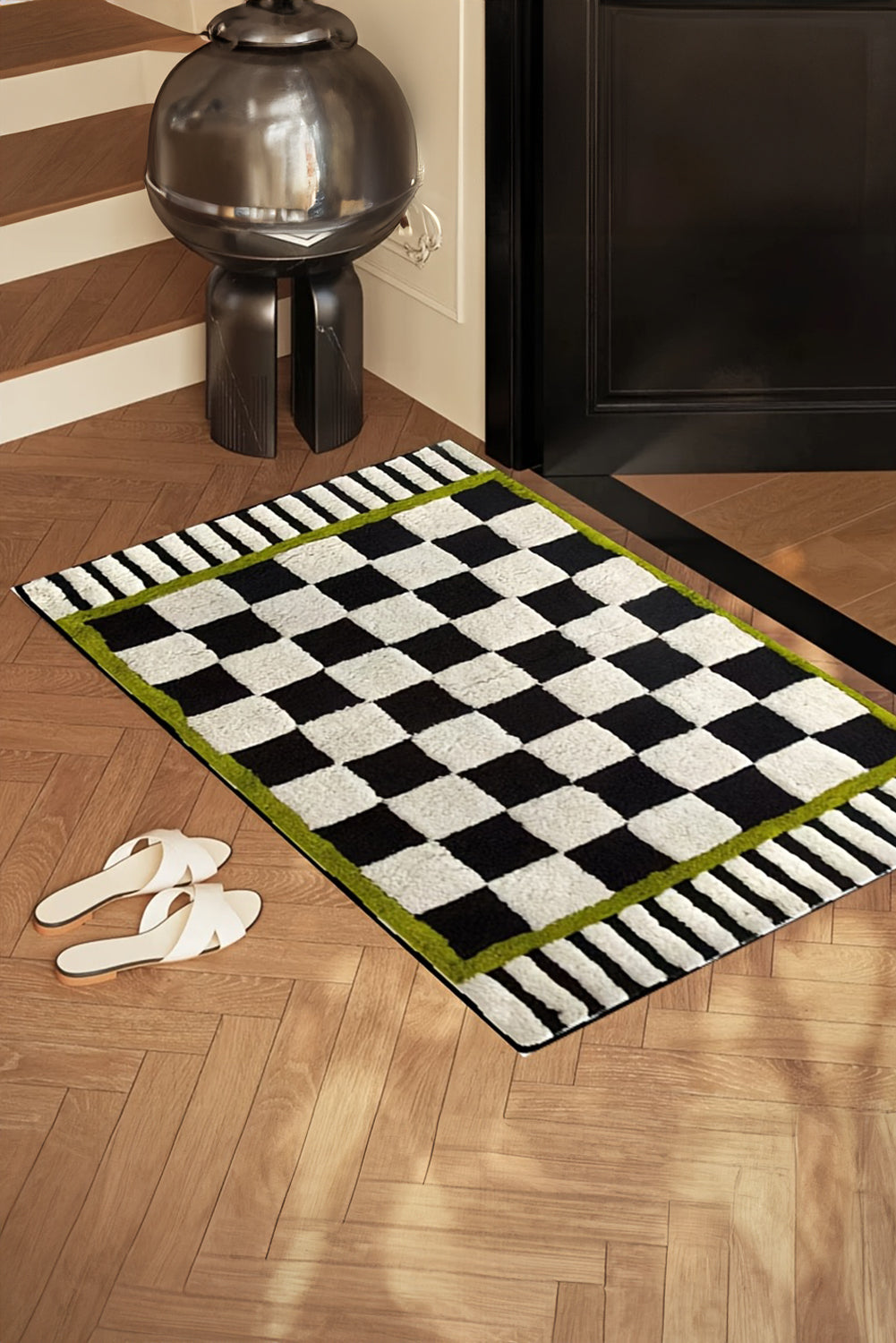 Spinach Green Checkered Striped Fluffy Colorblock Entrance Mat