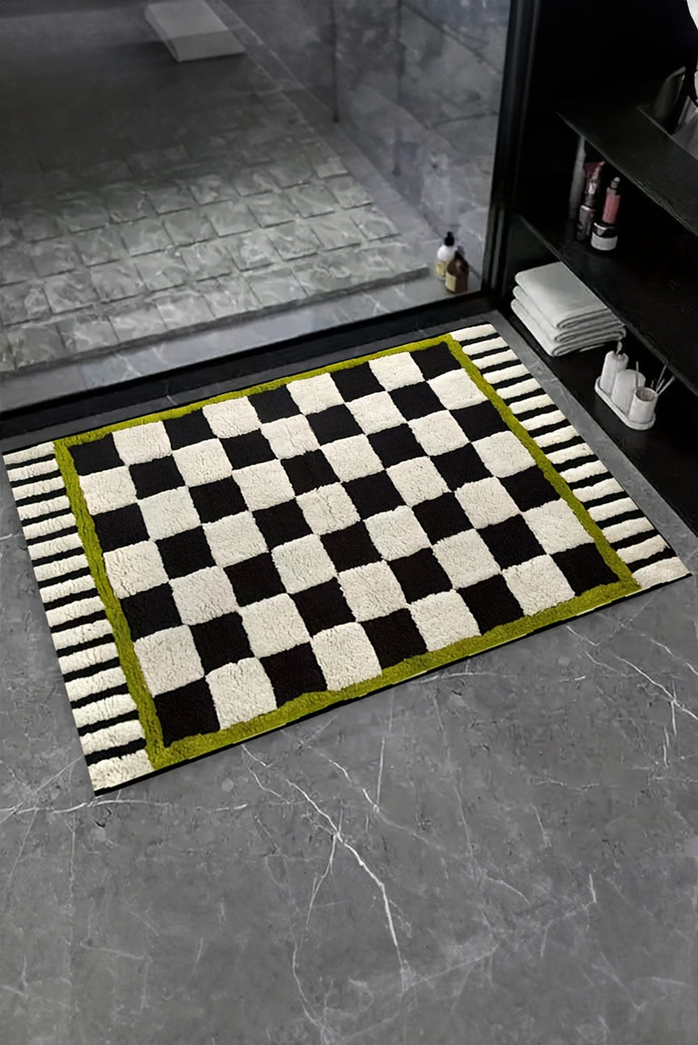 Spinach Green Checkered Striped Fluffy Colorblock Entrance Mat