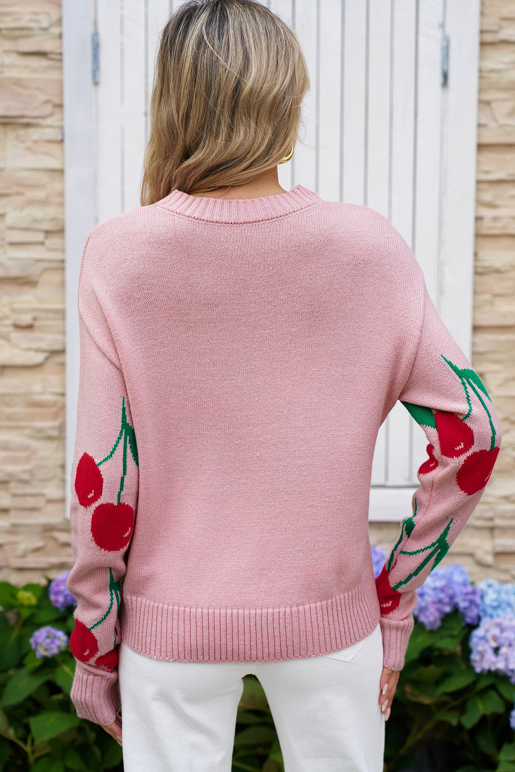 Pink Cherry Print Round Neck Knit Sweater