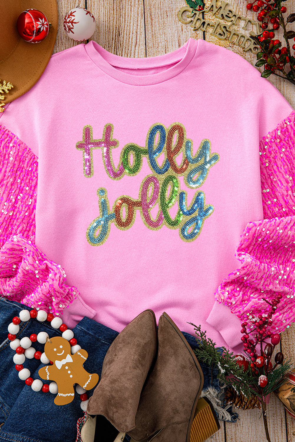 Pink Holly Jolly Letter Sequins Patch Drop Shoulder Patchwork Long Sleeve Top