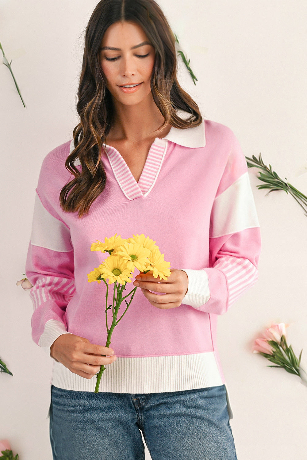 Pink Striped V Neck Collared Colorblock Patchwork Sweater
