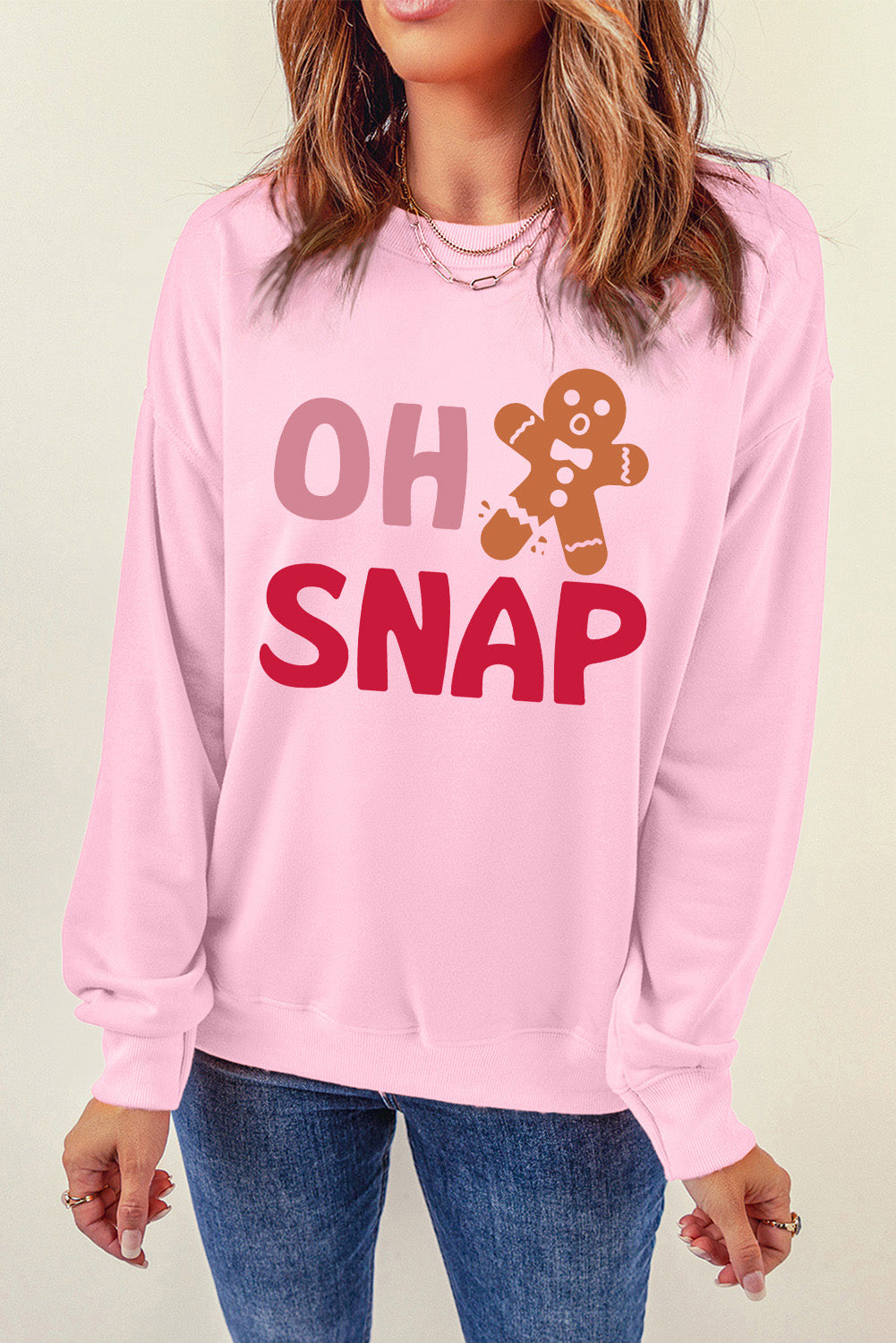 Pink Christmas OH SNAP Gingerbread Man Heat Transfer Printing Graphic Sweatshirt