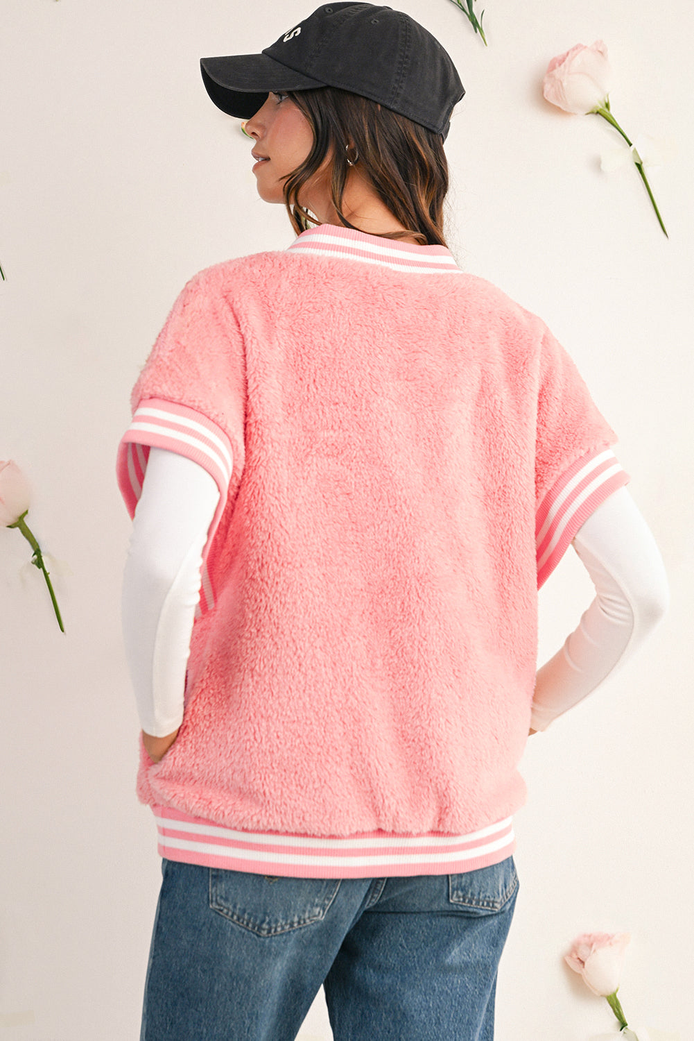 Gossamer Pink Contrast Trim Plush Sleeveless Coat