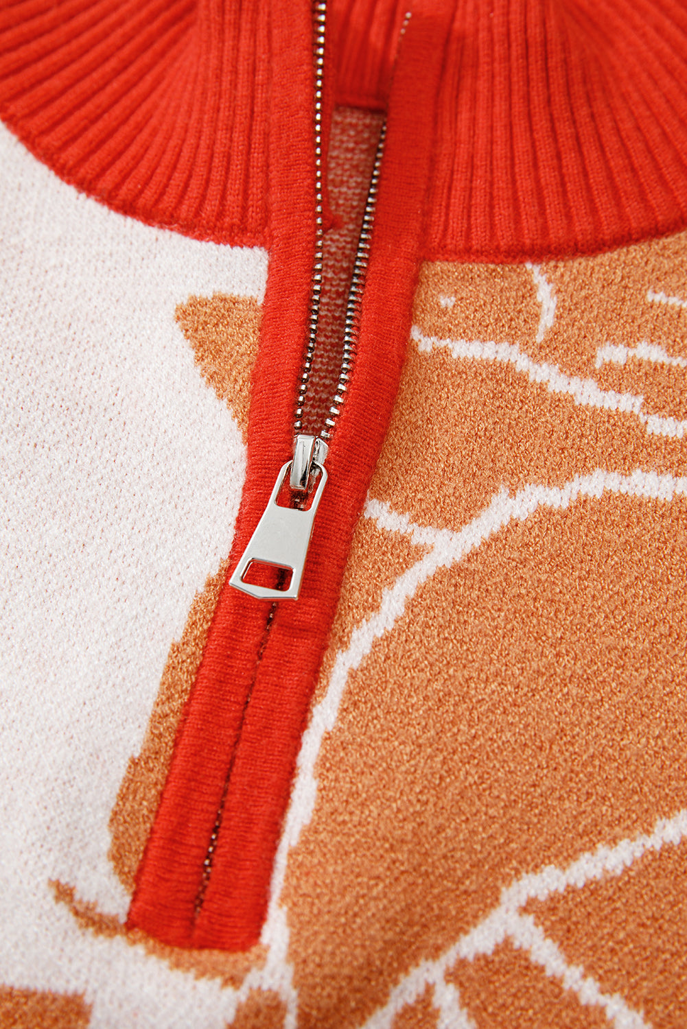 Khaki Ribbed Detail Floral Pattern Zip Collar Pullover Sweater