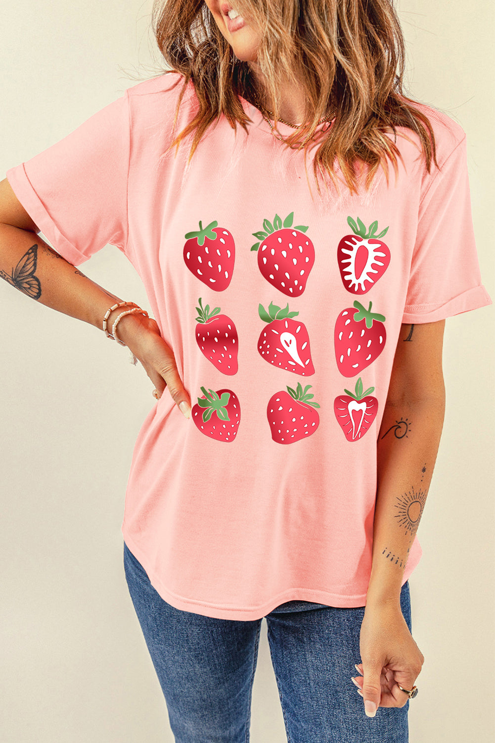 Pink Strawberry Fruit Pattern Heat Transfer Printing Graphic Tee