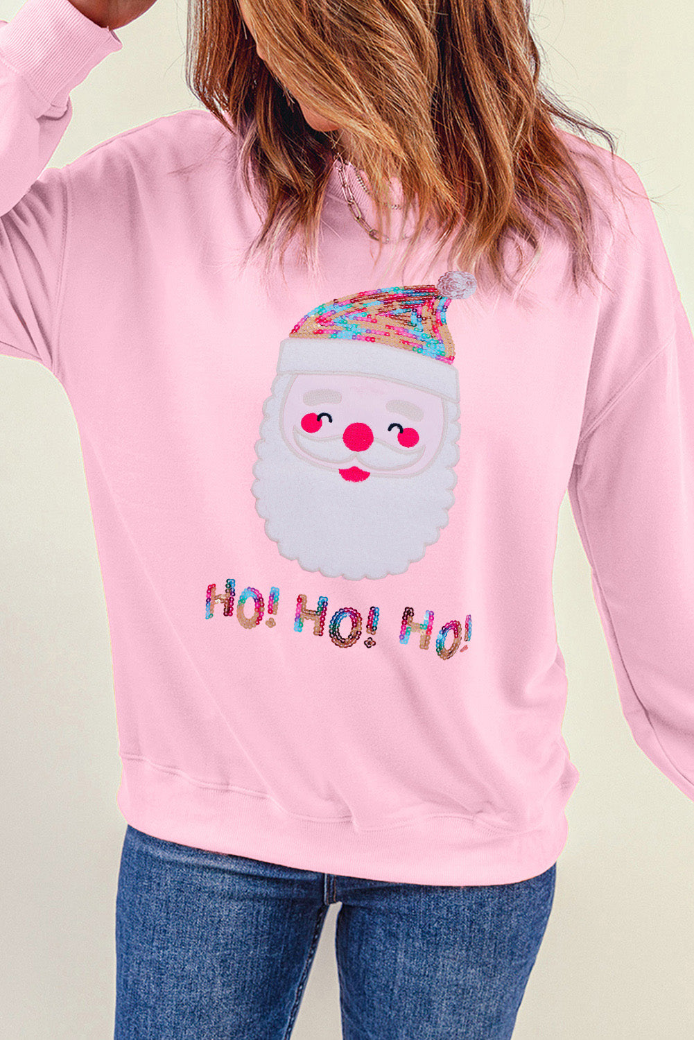 Pink HO HO HO Sequined Santa Claus Graphic Patch Application Sweatshirt