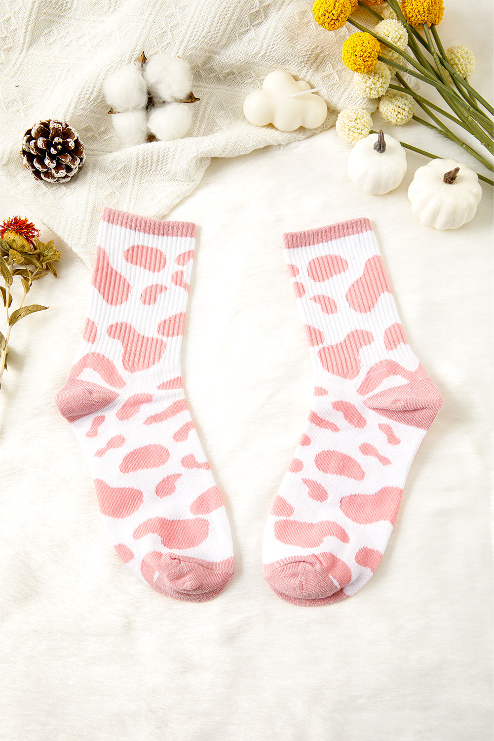 Pink Cow Print Fashion Crew Socks