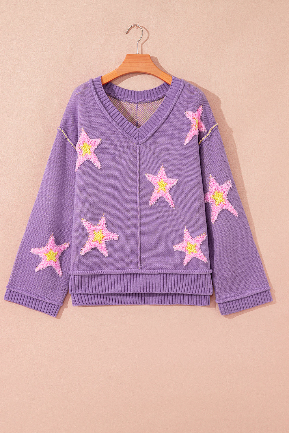 Lavendula Brushed Star Graphic V Neck Drop Shoulder Oversize Sweater
