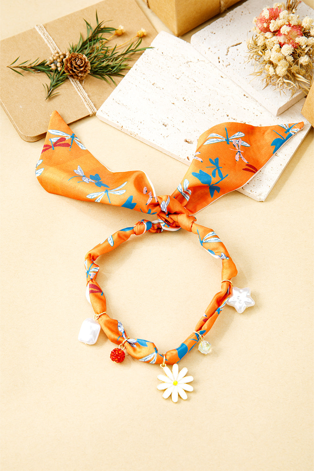 Orange Daisy Flower & Pearl Pendants Abstract Scarf Necklace