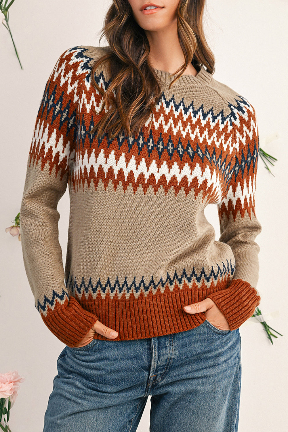 Khaki Geometric Print Colorblock Crew Neck Sweater