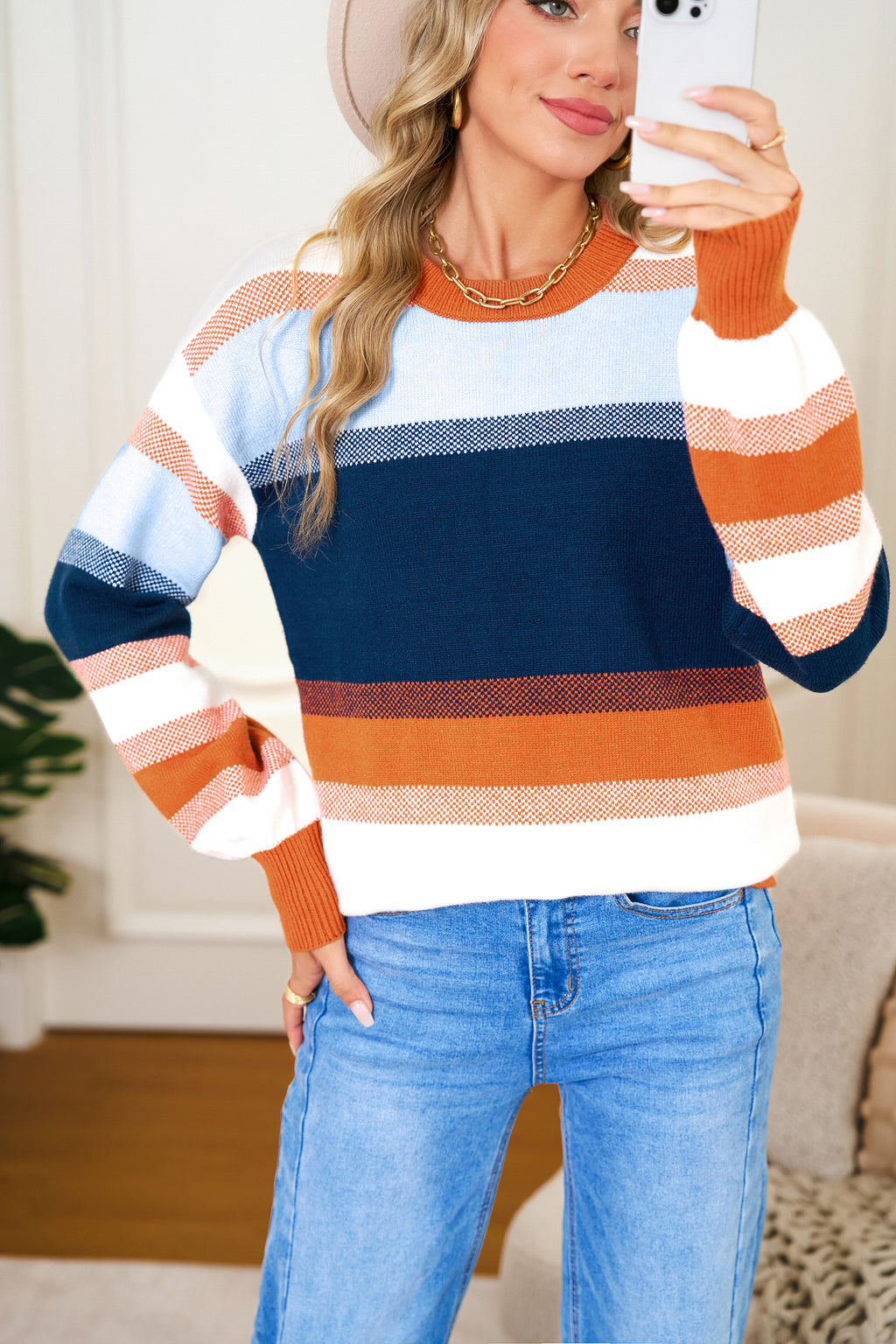 Dark Blue Color Block Round Neck Tunic Sweater