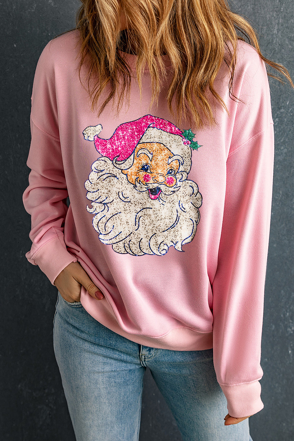 Pink Christmas Santa Claus Graphic Heat Transfer Printing Drop Shoulder Sweatshirt