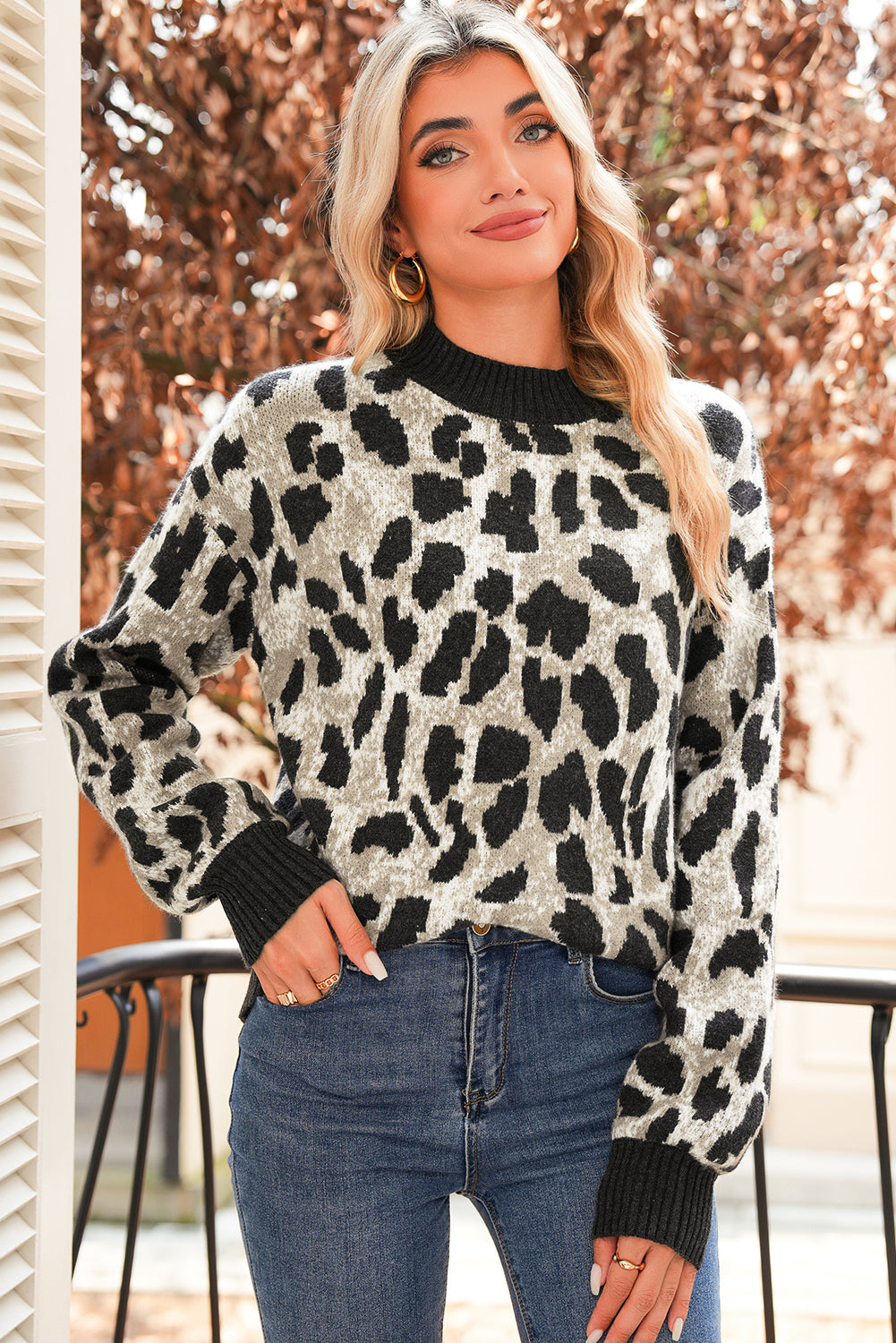 Carbon Grey Leopard Pattern Contrast Trim Round Neck Sweater
