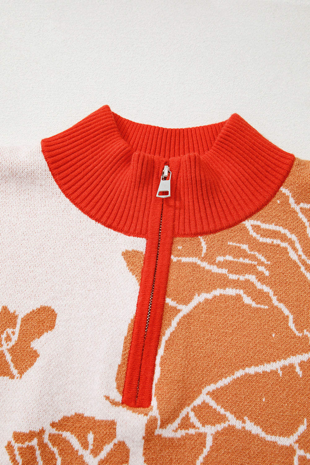 Khaki Ribbed Detail Floral Pattern Zip Collar Pullover Sweater