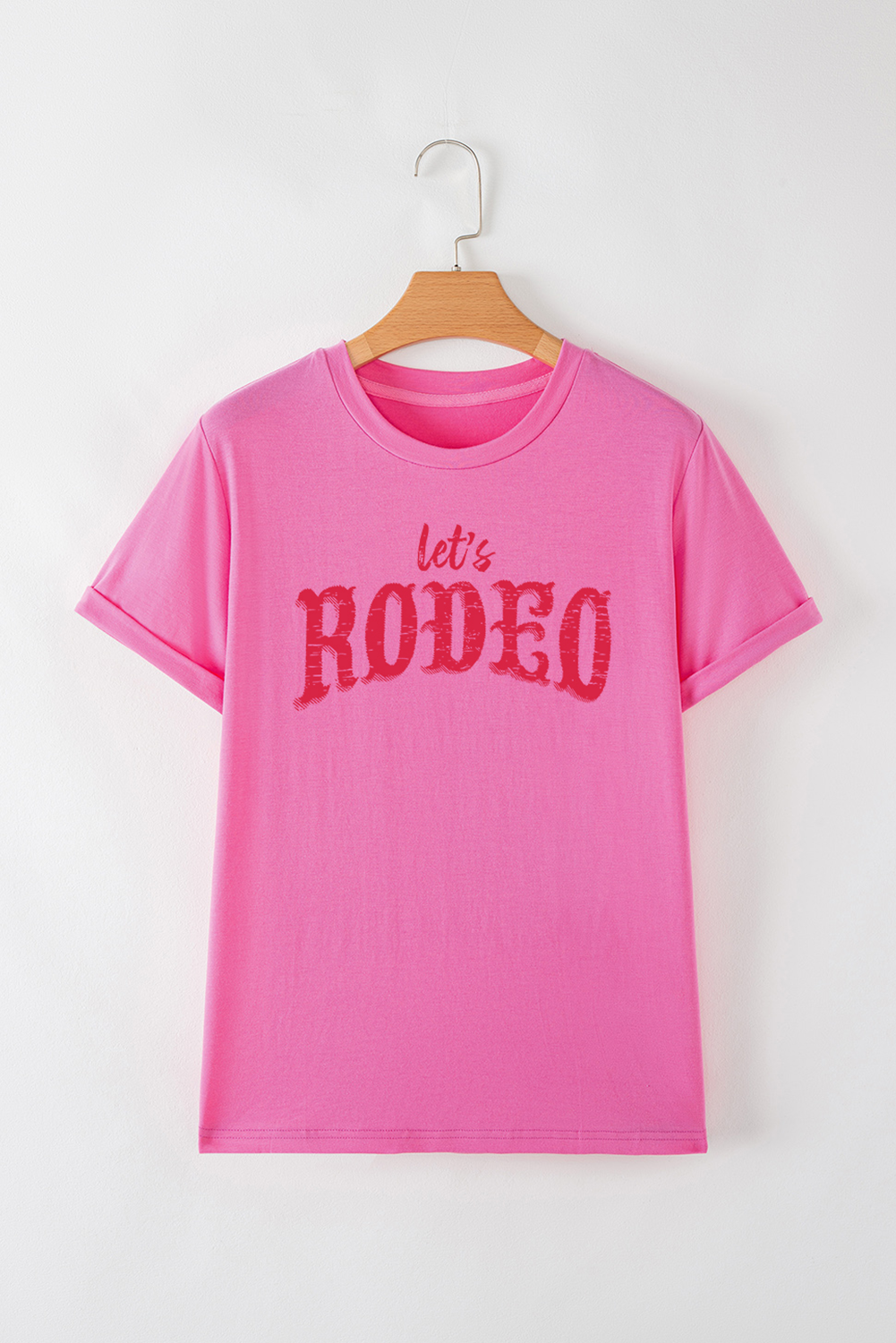 Rose Red Lets Rodeo Crew Neck Heat Transfer Printing Graphic Tee