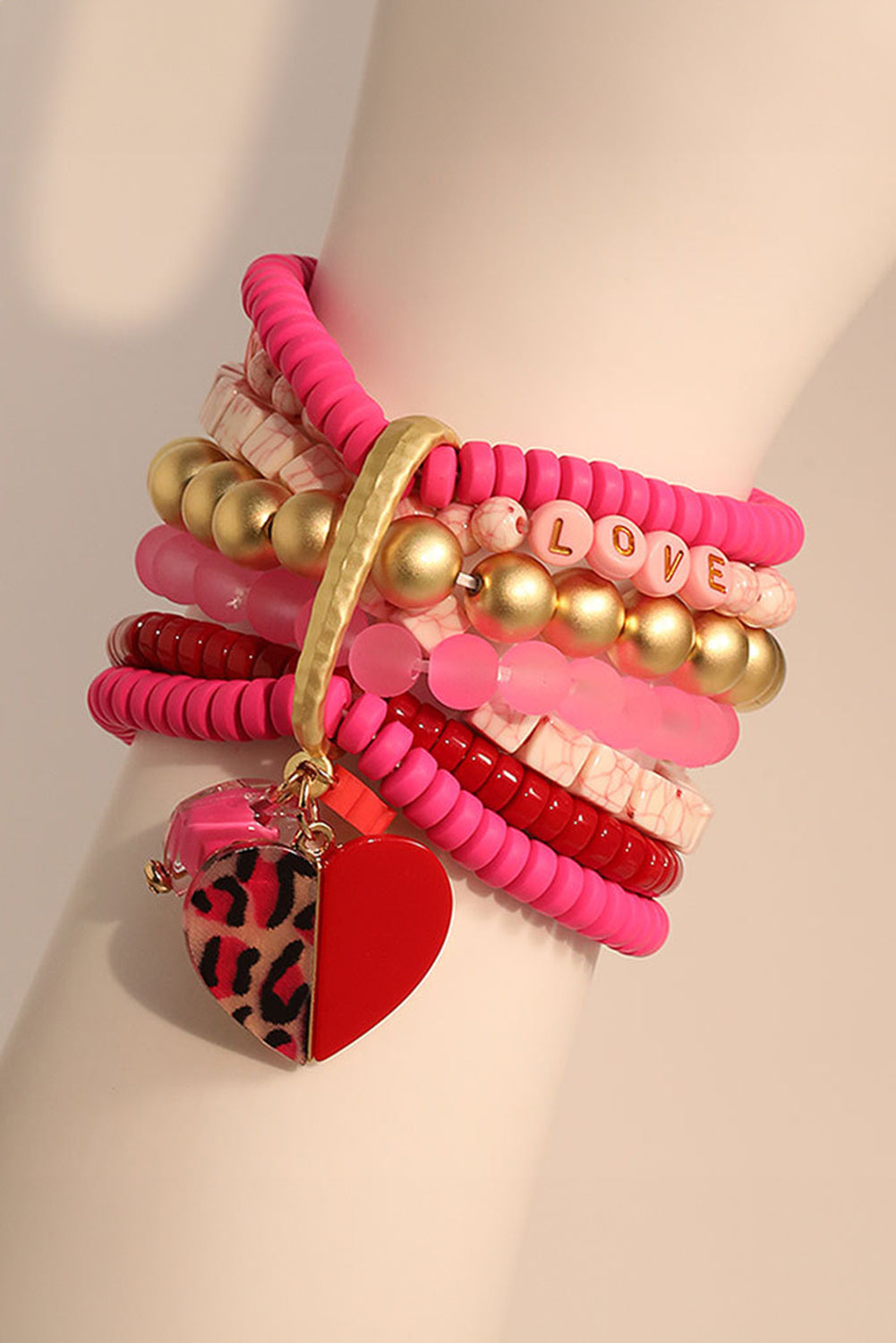 Rose Red Heart Pendant Valentines Day Beaded Bracelet Set