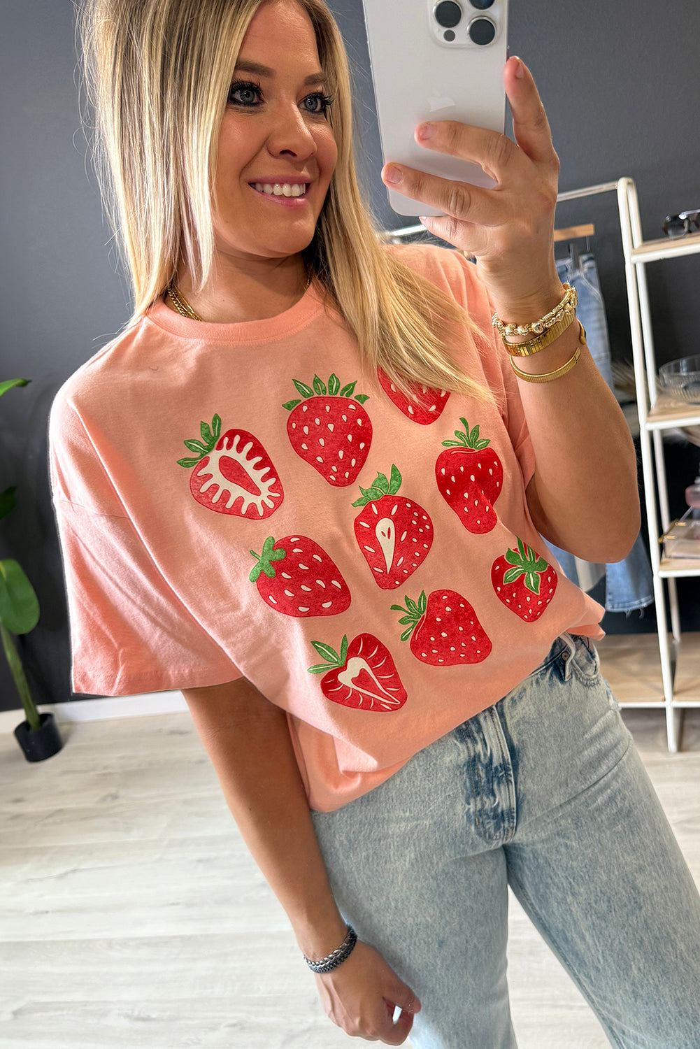 Pink Strawberry Fruit Pattern Heat Transfer Printing Graphic Tee