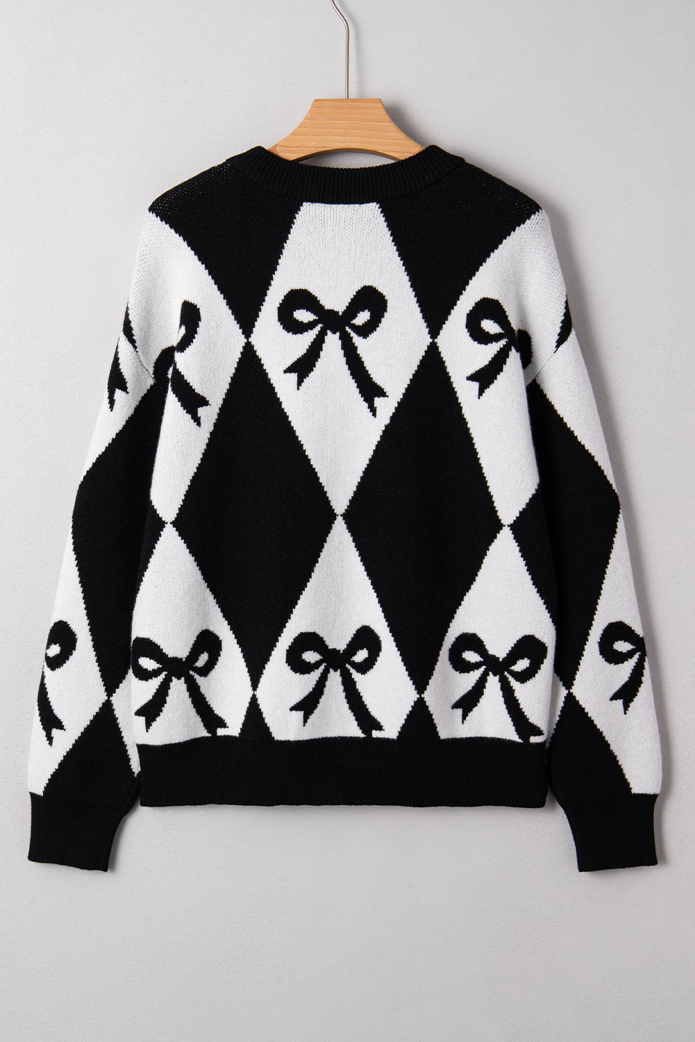 Black Bow Pattern 2-tone Rhombus Knit Loose Sweater