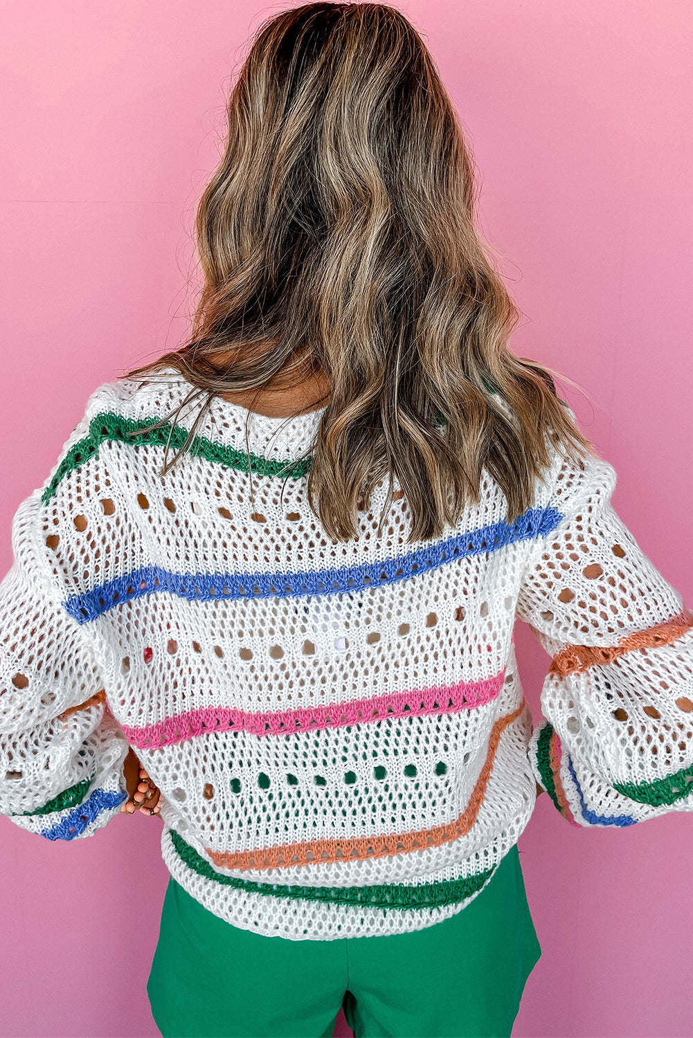 White Colorblock Striped Pointelle Knit Sweater