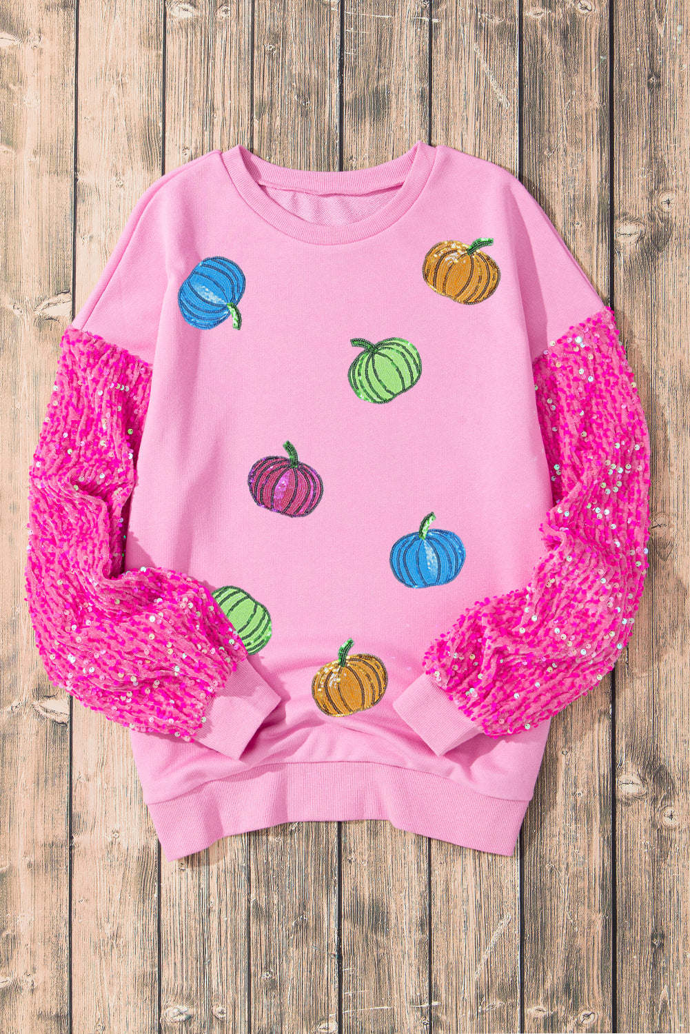 Pink Thanksgiving Halloween Pumpkin Pattern Sequin Sleeve Patchwork Pullover Top