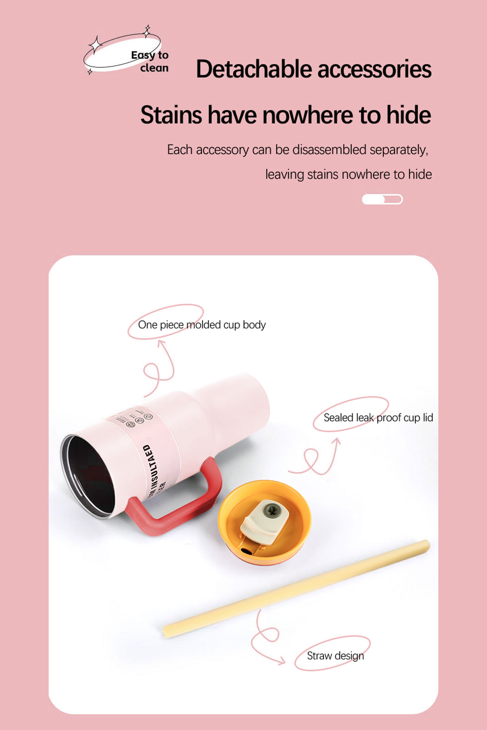 Light Pink Colorblock Handle Lid Stainless Steel Insulation Tumbler with Straw