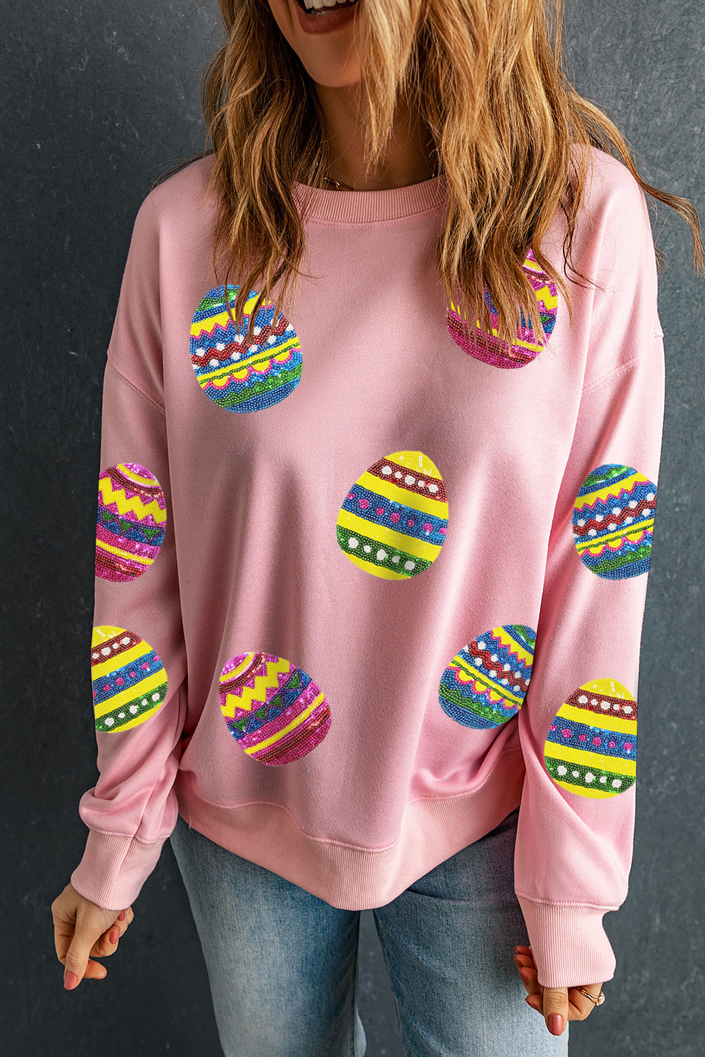 Pink Easter Sequin Egg Graphic Crew Neck Sweatshirt