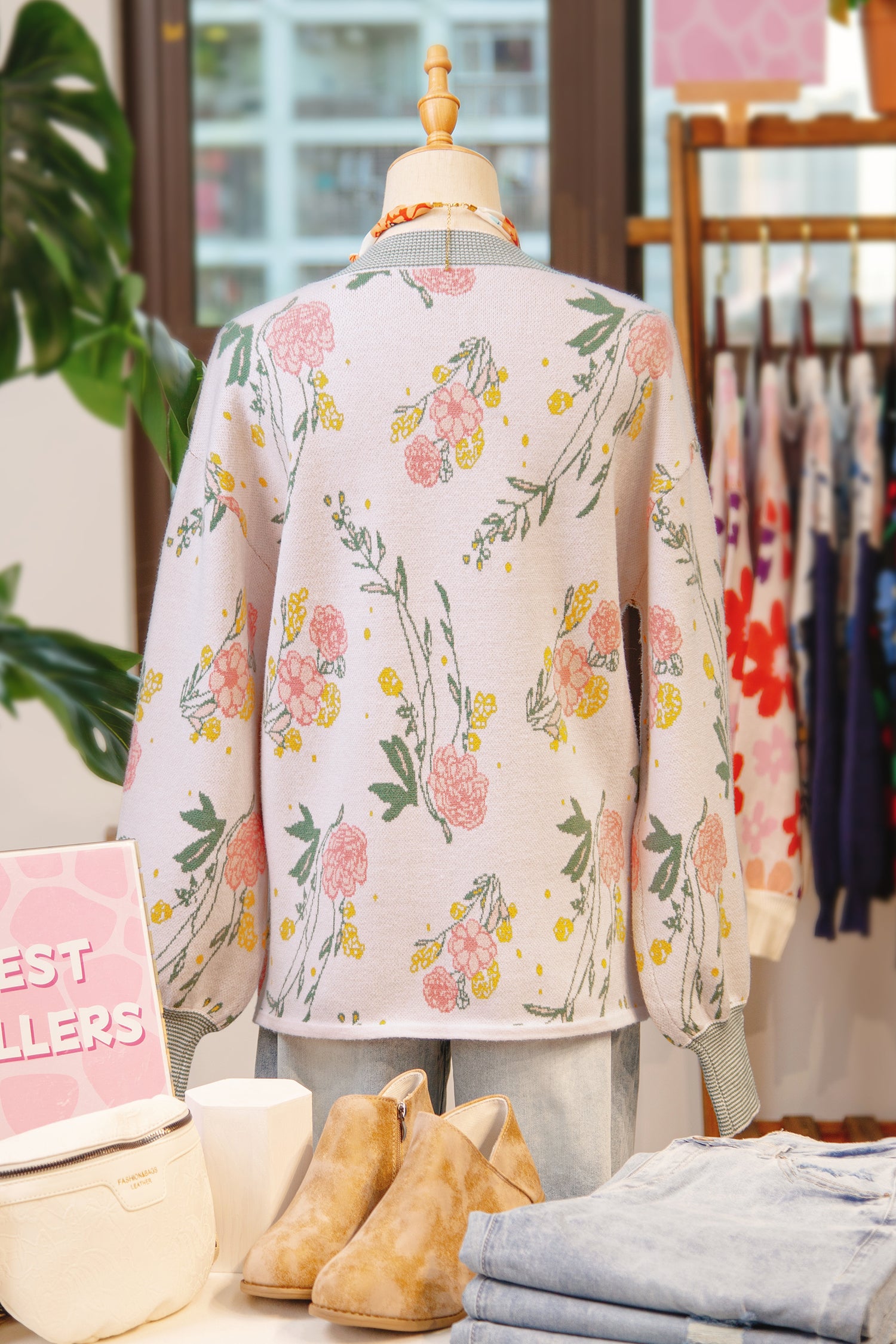 Pink Floral Striped Colorblock V Neck Loose Sweater