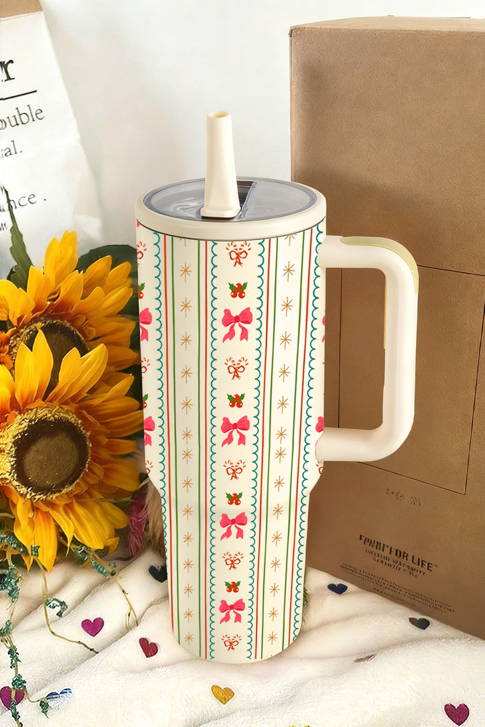 White Christmas Sweet Bow Print Travel Mug with Handle and Straw