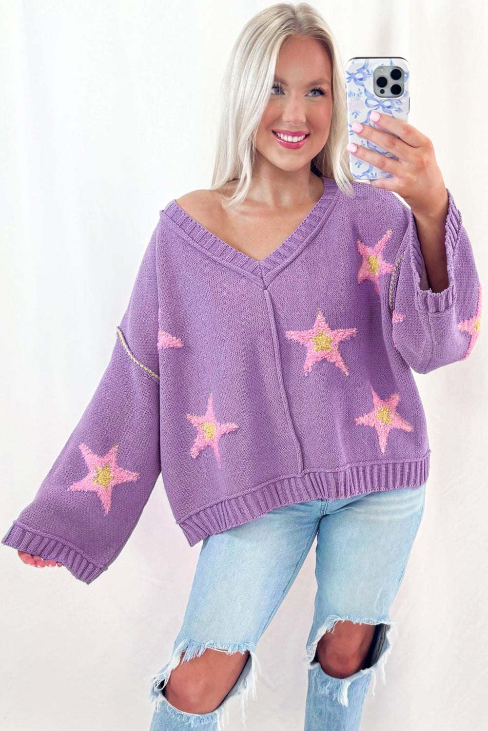 Lavendula Brushed Star Graphic V Neck Drop Shoulder Oversize Sweater