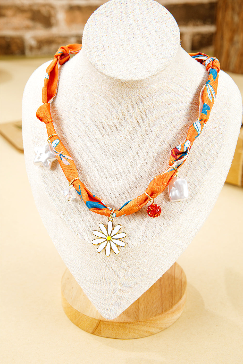 Orange Daisy Flower & Pearl Pendants Abstract Scarf Necklace