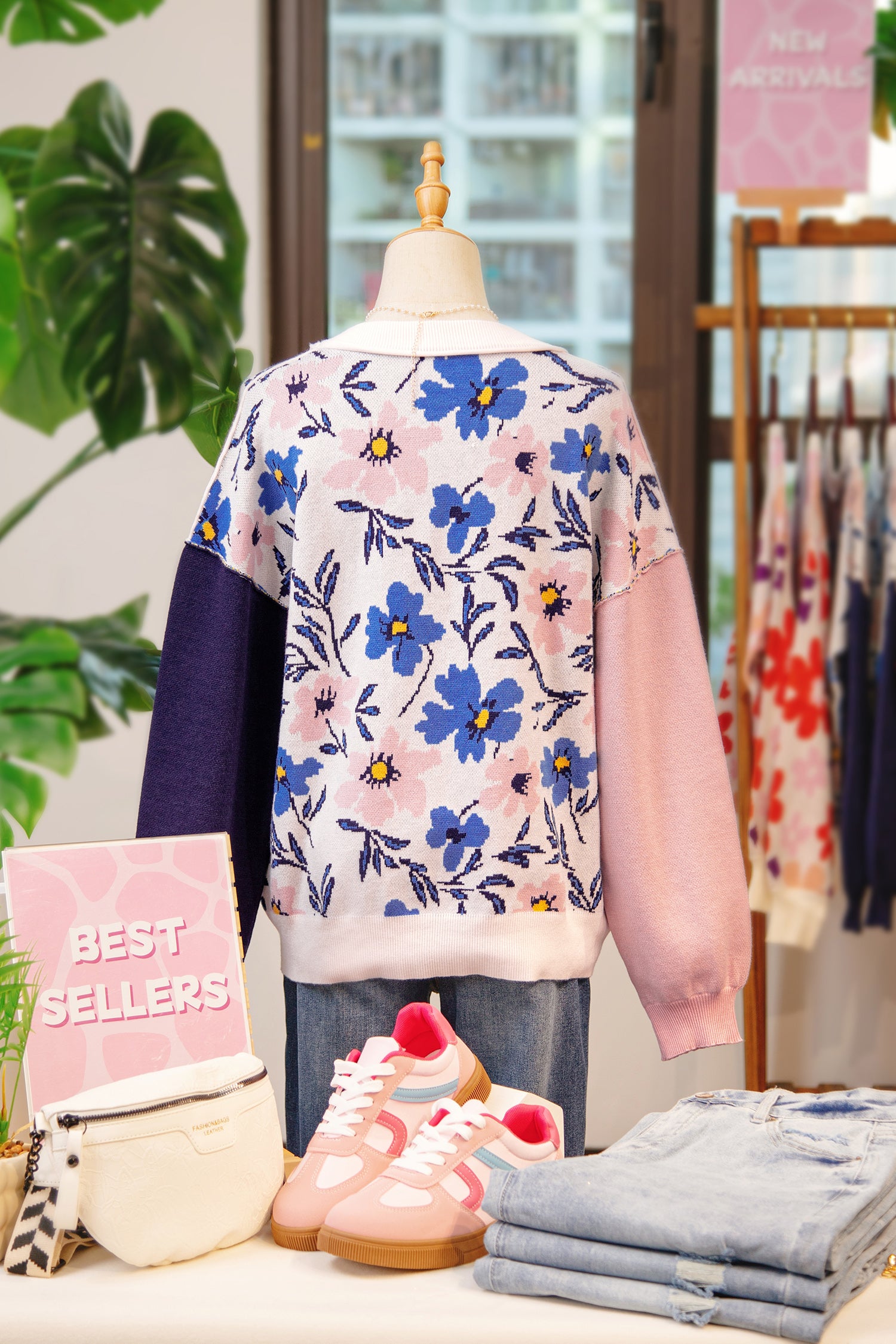 Khaki Vibrant Floral Contrast Colorblock Sleeve Pullover Sweater