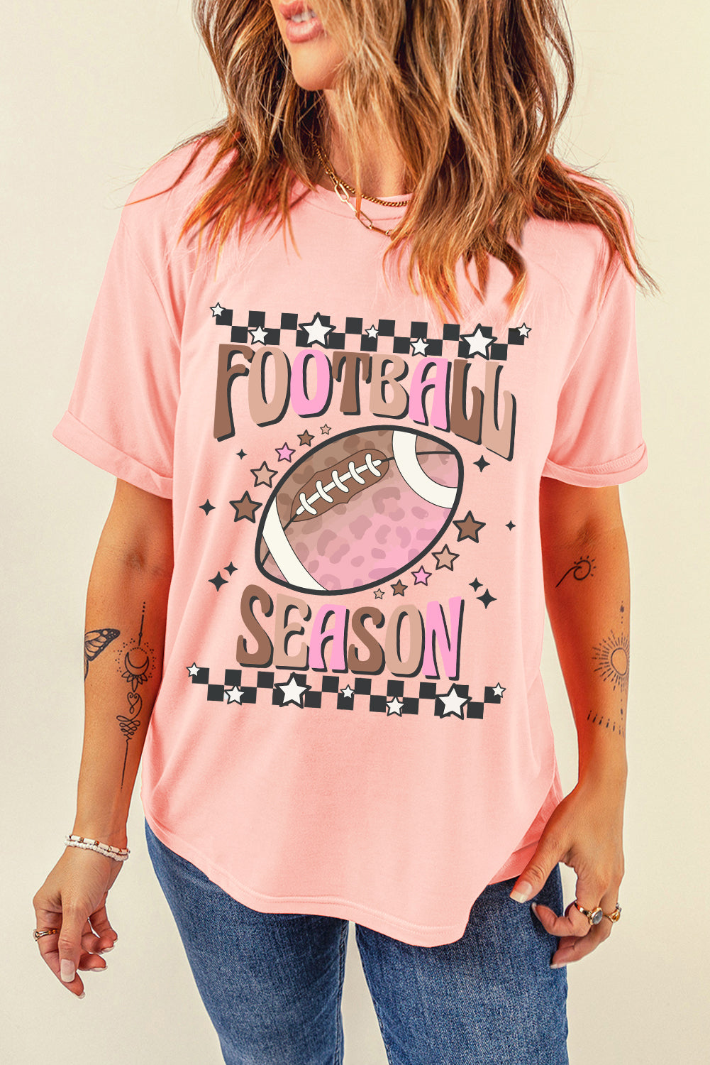 Pink FOOTBALL SEASON Heat Transfer Printing Graphic Game Day T Shirt