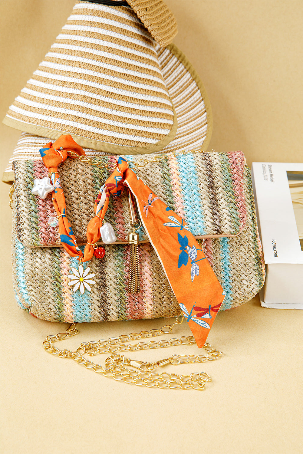 Orange Daisy Flower & Pearl Pendants Abstract Scarf Necklace