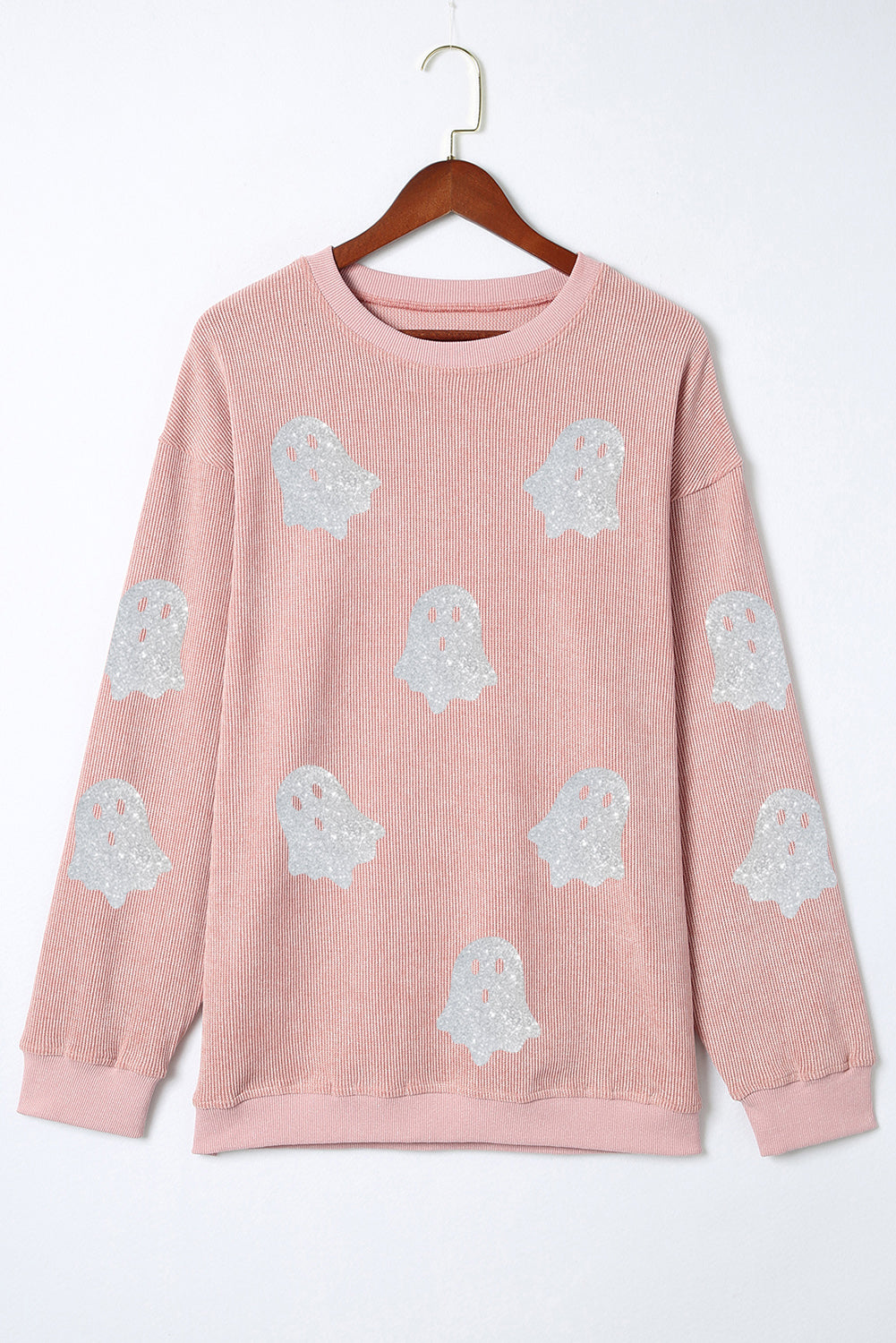 Pink Halloween Ghost Transfer Vinyl Process Corded Crew Neck Loose Sweatshirt