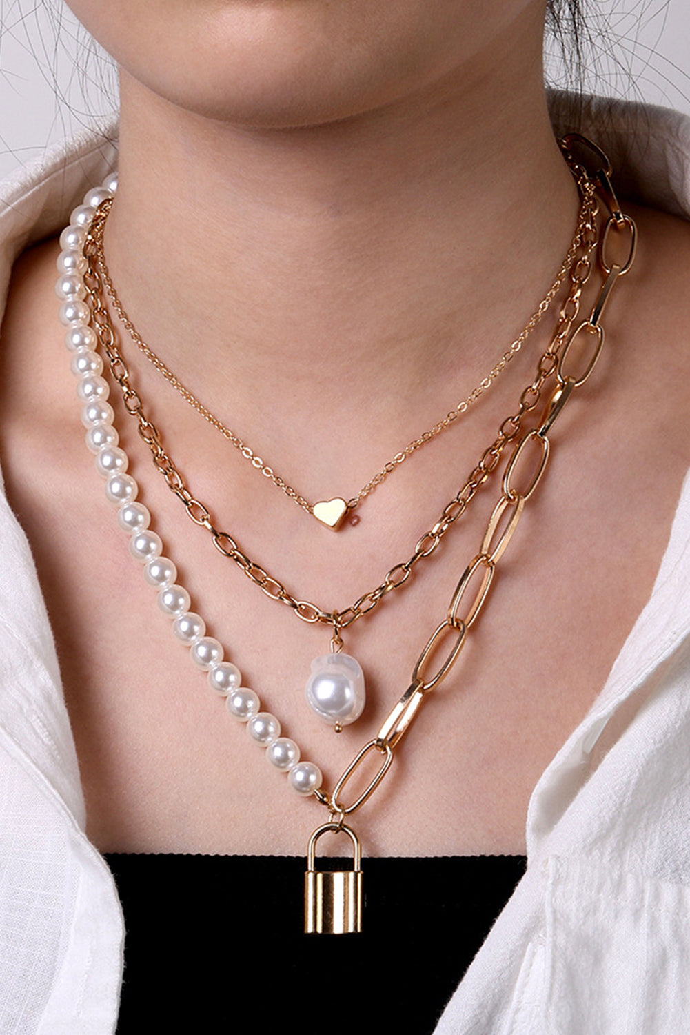 Gold Lock Heart Pendant Pearl Chain Multi-Layer Necklace