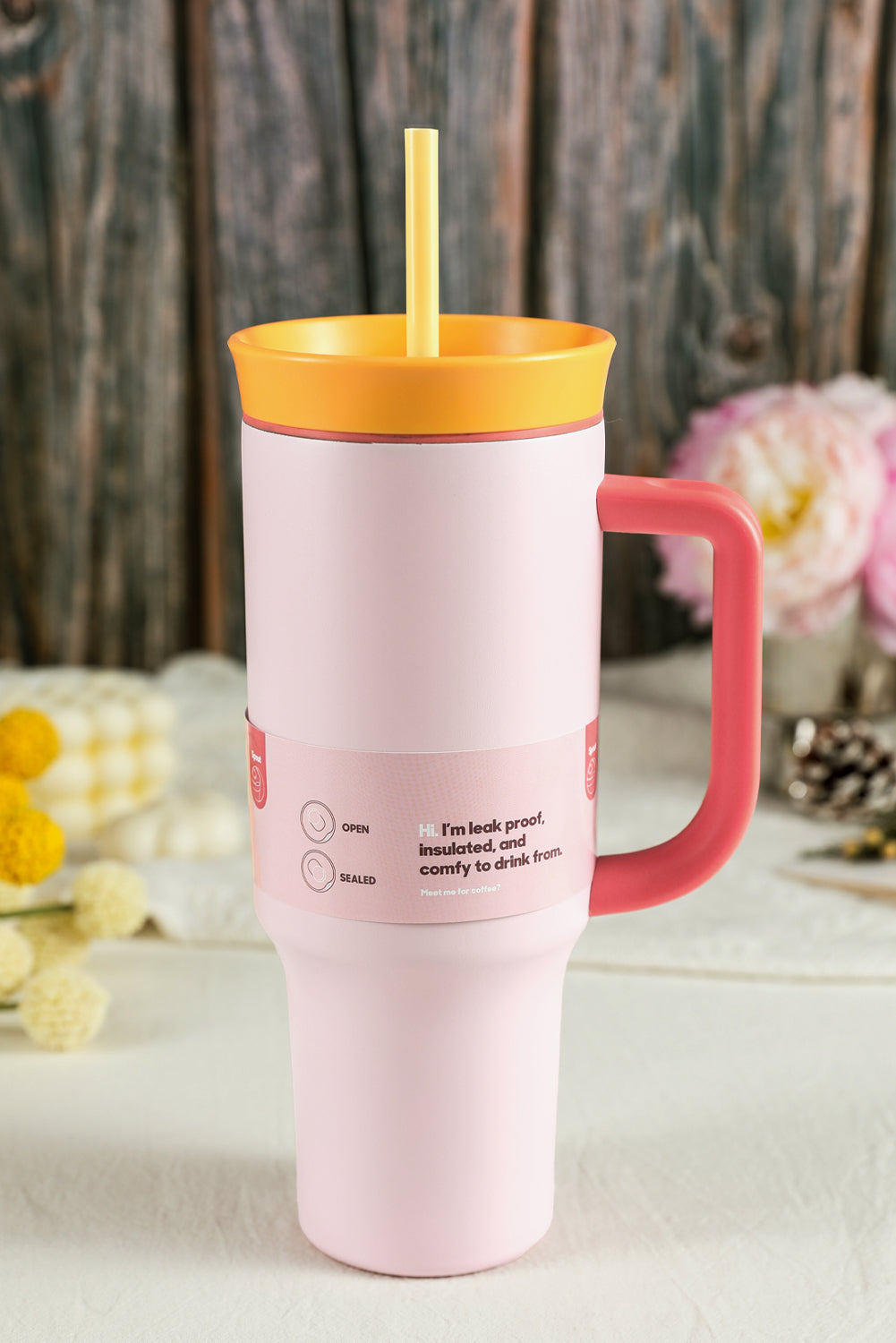 Light Pink Colorblock Handle Lid Stainless Steel Insulation Tumbler with Straw